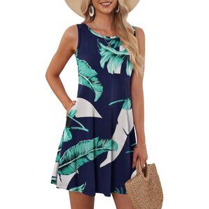 Women's Print Blue Sleeveless Crew Neck Summer Boho Beach Dress with Pockets